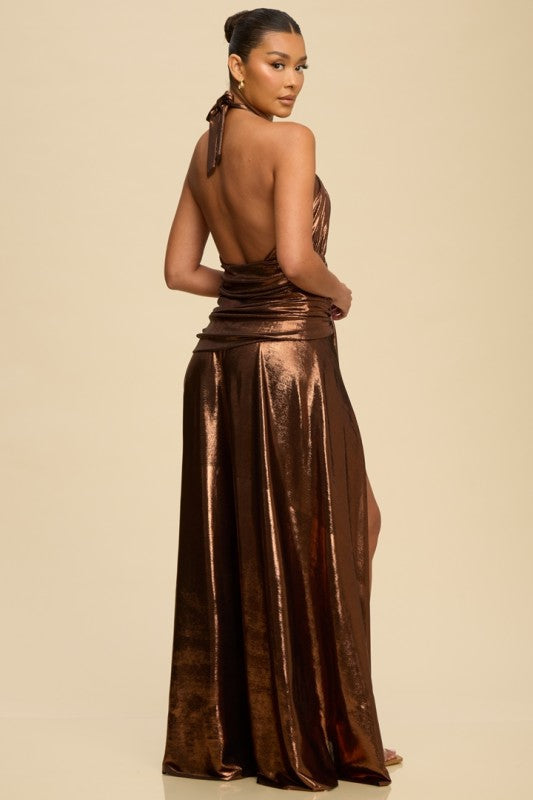 Hazel Metallic Halter Dress