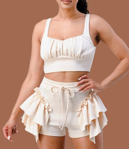 Simona Ruffle Short Set (Cream)