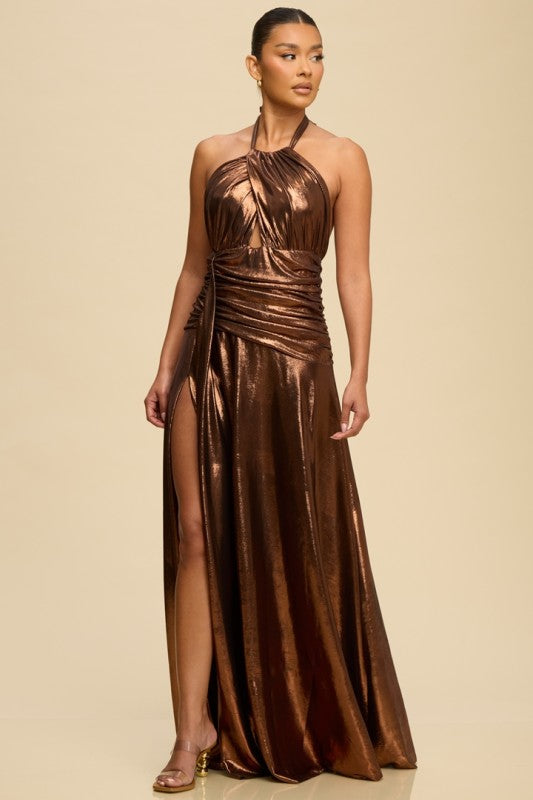 Hazel Metallic Halter Dress