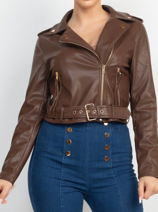 Brown Faux Leather Moto Jacket